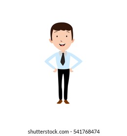 Professional Business Man Flat Character. Isolated in white background. Standing with hands on waist.