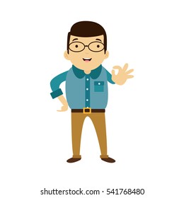 Professional Business Man Flat Character. Isolated in white background. One hand fine finger.