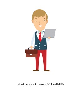 Professional Business Man Flat Character. Isolated in white background. Stand holding a laptop and suitcase.