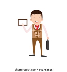 Professional Business Man Flat Character. Isolated in white background. Standing with suitcase holding a tablet.