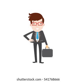 Professional Business Man Flat Character. Isolated in white background. Stand holding suitcase wearing red glasses.
