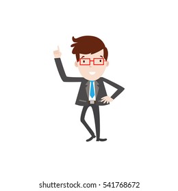 Professional Business Man Flat Character. Isolated in white background. Standing with hand on waist wearing red glasses one hand up.