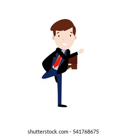 Professional Business Man Flat Character. Isolated in white background. Rush in time going to works.