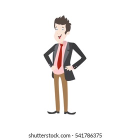 Professional Business Man Flat Character. Isolated in white background. Standing with two hands on waist.