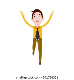 Professional Business Man Flat Character. Isolated in white background.  Standing with two hand up wearing a black tie.