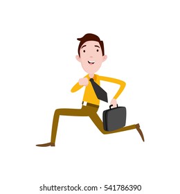 Professional Business Man Flat Character. Isolated in white background. Running Chasing and holding a suitcase use a black tie.