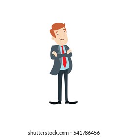 Professional Business Man Flat Character. Isolated in white background. Standing with two close hands on chest.