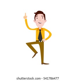 Professional Business Man Flat Character. Isolated in white background. Standing with one hand up.