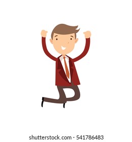 Professional Business Man Flat Character. Isolated in white background. Success jumping with two hands up.