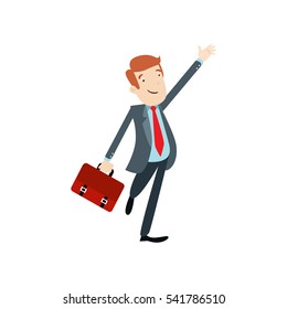 Professional Business Man Flat Character. Isolated in white background. Standing holding a suitcase with one hand up presenting.