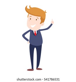 Professional Business Man Flat Character. Isolated in white background. Standing with one hand up.