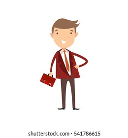 Professional Business Man Flat Character. Isolated in white background. Standing holding suitcase. 