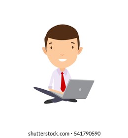 Professional Business Man Flat Character. Isolated in white background. Sitting with a laptop.