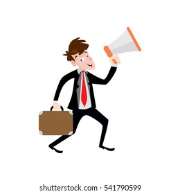 Professional Business Man Flat Character. Isolated in white background. Standing hold a megaphone and suitcase.