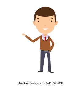 Professional Business Man Flat Character. Isolated in white background. Stand presenting wearing a brown sweater.