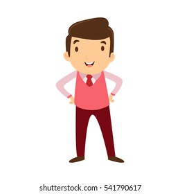 Professional Business Man Flat Character. Isolated in white background. Standing with hands on waist.