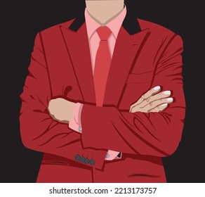 Professional business man wearing maroon suit folding his arms across his chest