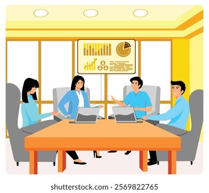 Professional business meeting with employees discussing ideas at conference table, analyzing data graphs. Flat vector modern illustration