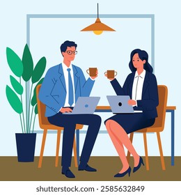 A professional business meeting illustration in a cafe setting. Two individuals in business attire are seen sitting at a table, working on laptops while enjoying a coffee break. 