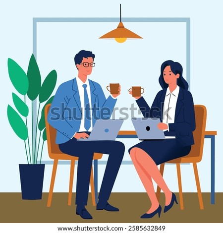 A professional business meeting illustration in a cafe setting. Two individuals in business attire are seen sitting at a table, working on laptops while enjoying a coffee break. 