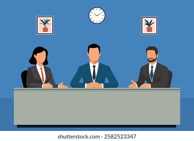 Professional business meeting illustration featuring three executives in formal attire seated at a conference table. Ideal for corporate, teamwork, leadership, and office-related concepts.