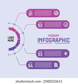 Professional business modern infographic template with 4 steps, colored gradations of blue and purple isolated on clean background