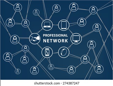 Professional business network concept. Vector background with connected wireless devices and social network of colleagues within global workforce. Dark blue color scheme.