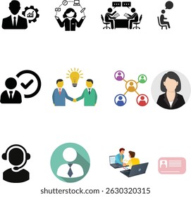 Conjunto de Ícones Profissionais de Negócios e Escritório - Conceitos de Trabalho em Equipe, Comunicação e Gerenciamento