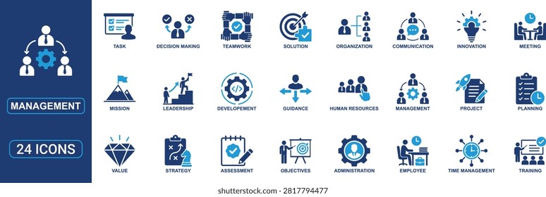 Professional business organization management solid icon set featuring manager, teamwork, leadership, strategy, planning, project management, employee, training, communication, administration, human resources, objectives, assessment, innovation, and productivity symbols. Ideal for corporate and business designs.
