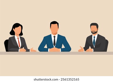 "Professional business panel illustration featuring diverse executives in formal attire, discussing ideas at a conference table.
 Ideal for corporate, teamwork, or leadership-themed designs."
