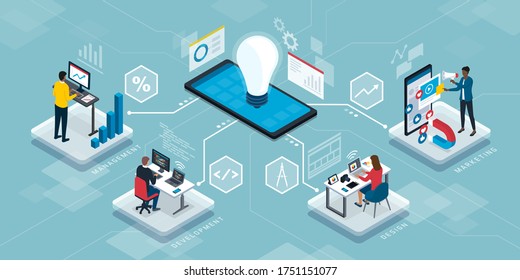 Professional business people connecting together, sharing ideas and working remotely, isometric infographic