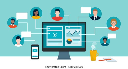 Professional business people and freelancers connecting together online and working on the same project, they are sharing and editing the same file, remote working concept