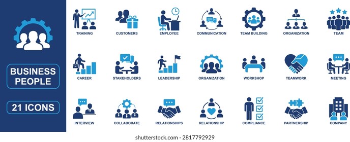 Professional business people solid icon set featuring teamwork, leadership, employees, career growth, collaboration, workshops, communication, partnerships, interviews, meetings, stakeholders, compliance, and corporate organization symbols. Ideal for HR, business, training, management, and office projects.