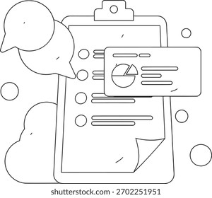 Professional business planning and data analysis with chat bubbles and financial chart on checklist for strategic growth and effective communication
