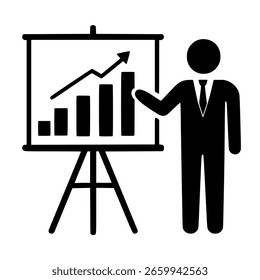 Ilustração profissional do vetor da apresentação do negócio mostrando uma figura corporativa em um terno apontando para um gráfico de barras com o crescimento ascendente