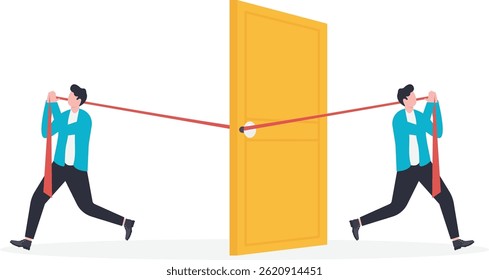 Professional or business rivalry, businessmen inside the door preventing those outside from opening the door and entering, business or professional problems, malicious or selfish

