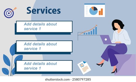 A professional business service presentation slide featuring a female character with a laptop, data charts, and editable service sections. Ideal for corporate presentations and infographics.