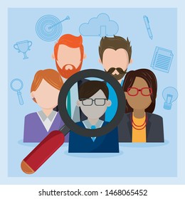 Professional business social networking characters checked by magnifying glass ,vector illustration.
