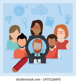 Professional business social networking characters checked by magnifying glass ,vector illustration.