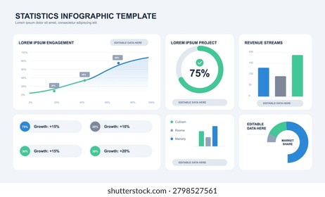 Professional business statistics infographic template featuring various charts, including line graphs, bar charts, and donut diagrams for data analysis, reporting, and presentations.
