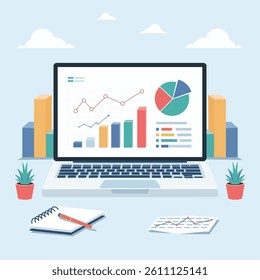 Professional business statistics vector illustration showcasing charts, graphs, data analysis, and financial growth elements. 