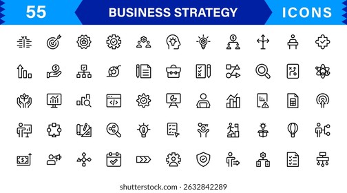 Professional Business Strategy Icon Set Featuring Planning, Analysis, Goals, Innovation, and Growth in a Clean Minimal Vector Style