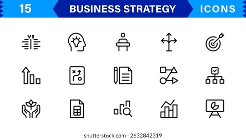 Professional Business Strategy Icon Set Featuring Planning, Analysis, Goals, Innovation, and Growth in a Clean Minimal Vector Style