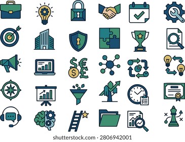 Professional business strategy and productivity icon collection featuring leadership, innovation, analytics, project management, collaboration, finance, security, workflow, reporting, customer support, and business growth concepts. Ideal for websites, mobile apps, dashboards, presentations, startups, consulting firms, corporate branding, SaaS platforms, and business infographics.

#BusinessIcons #BusinessStrategy #Productivity #Leadership #Innovation #Analytics #ProjectManagement #Startup #Entrepreneurship #BusinessGrowth #Management #Workflow #Collaboration #Finance #Investment #Marketing #BusinessIntelligence #CustomerSupport #Security #Success #VectorIcons #FlatDesign #IconSet #Corporate #Infographic