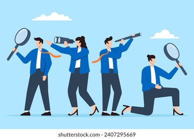 Professional business team with binoculars and telescope in flat design