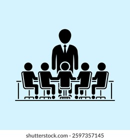 A professional business team engaged in a meeting, discussing strategies and ideas around a table, with documents, laptops, and charts, isolated on a plain background.