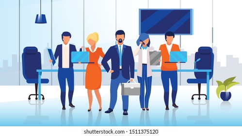 Professional business team flat vector illustration. Confident businessmen and businesswomen cartoon characters. Successful company staff, corporate personnel. Office workers, directors board