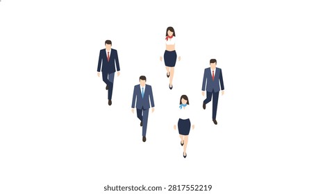 Professional business team walking forward in a coordinated group while dressed in formal office attire against a clean background.