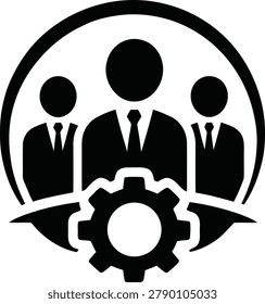 Professional business teamwork logo featuring three corporate leaders combined with a gear symbol inside a circular emblem. Modern vector icon representing leadership, teamwork, workforce management, project coordination, organizational efficiency, human resources, and business growth. Clean geometric shapes with bold black silhouette styling make it ideal for consulting firms, HR agencies, management companies, startups, technology platforms,