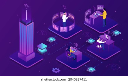 Professional business teleworkers. Modern media, connecting online and working from home for corporate company. Information for television. 3d vector illustration isolated on violet background